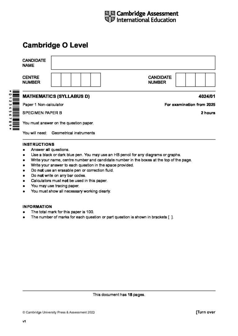 Cambridge O Level: Mathematics (Syllabus D) 4024/01