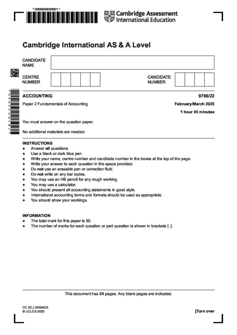 Cambridge International AS & A Level ACCOUNTING 9706/22 Paper 2 Fundamentals of Accounting February/March 2025