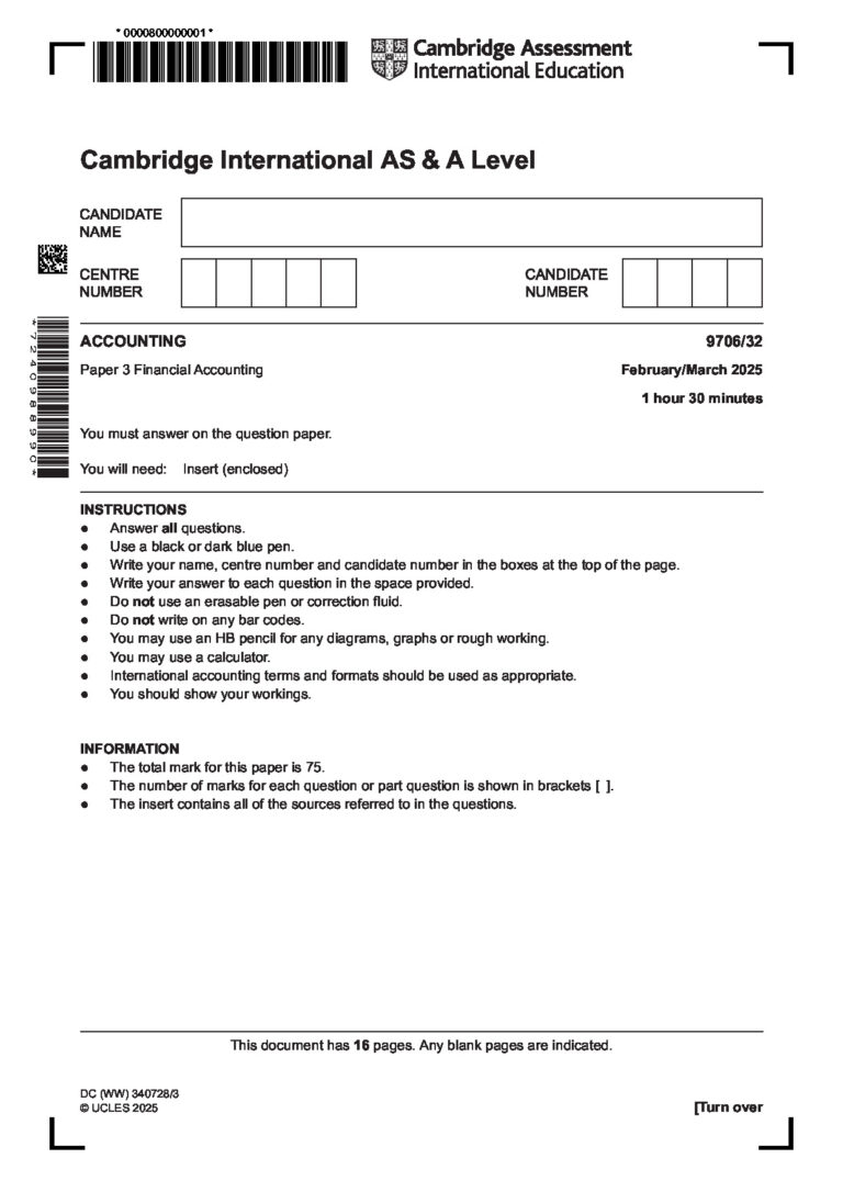 ACCOUNTING 9706/32 Paper 3 Financial Accounting February/March 2025