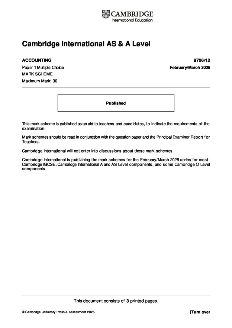 Cambridge International AS & A Level ACCOUNTING 9706/12 Paper 1 Multiple Choice February/March 2025 MARK SCHEME