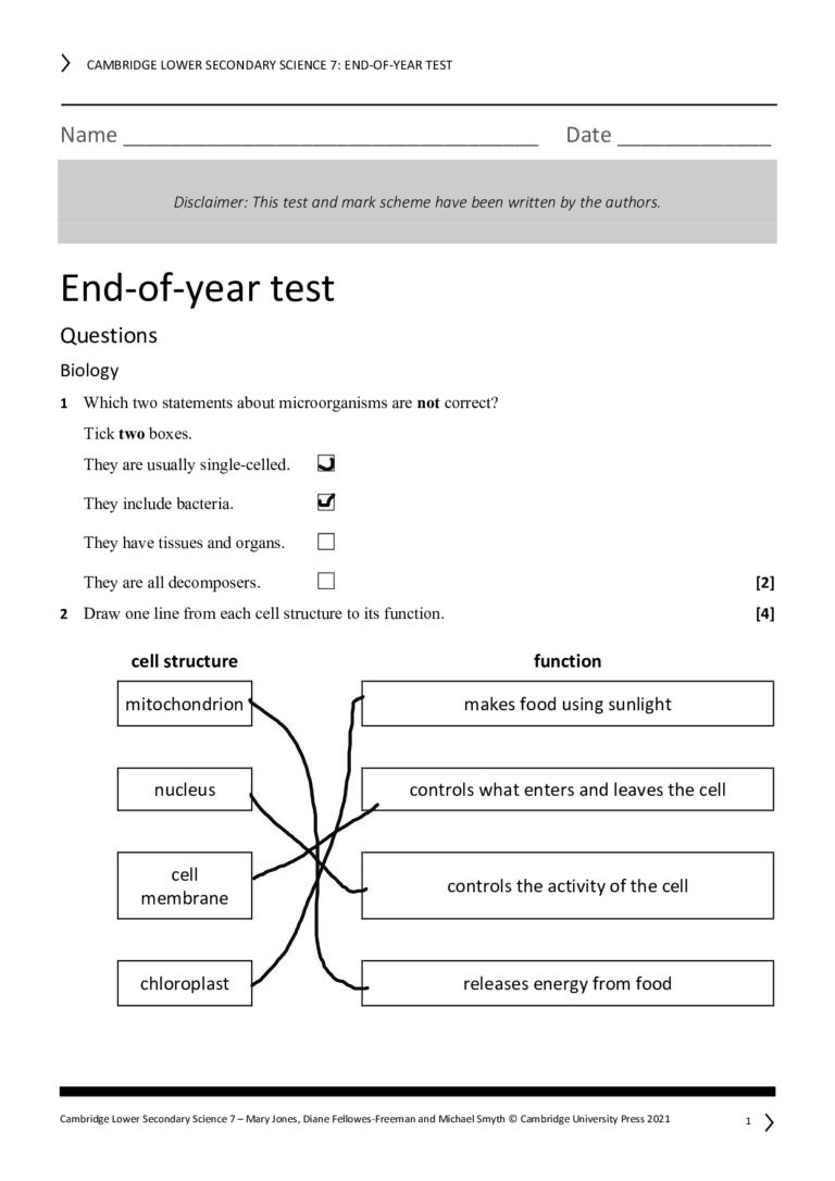 Lower Secondary Science 7 End of Year Test 1