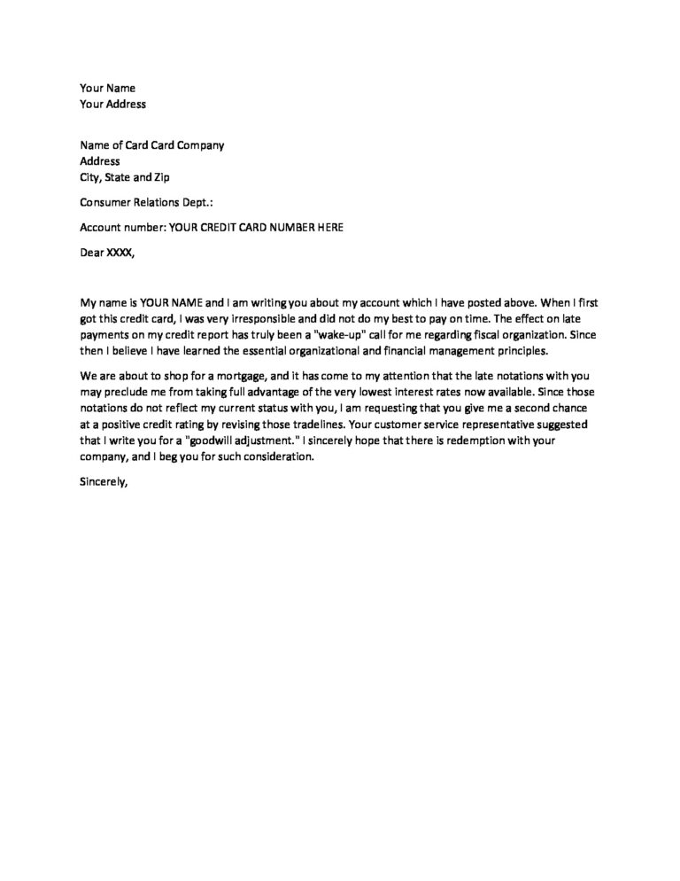 Credit Card Late Payment Removal Letter